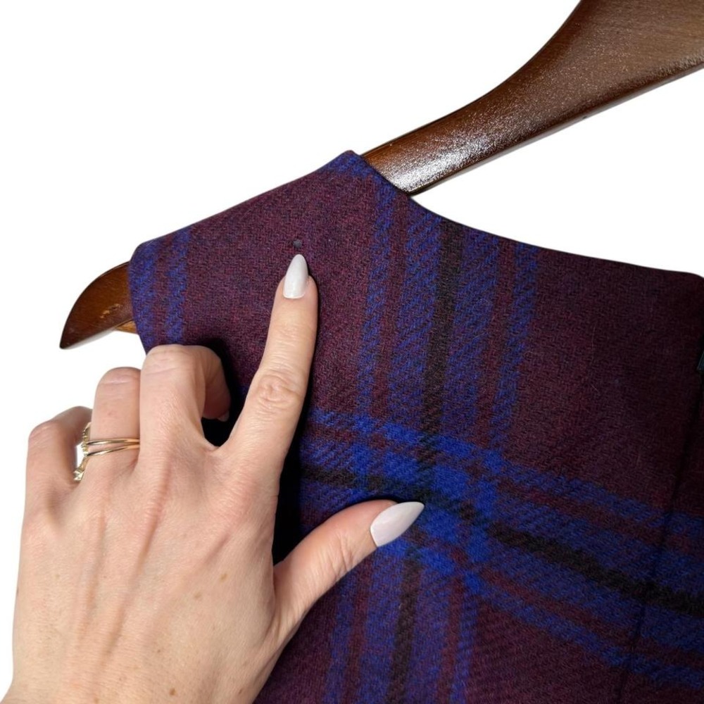 Hobbs London Plaid Wool Sheath Dress Burgundy Blue Knee Length Sleeveless sz 12 - Picture 8 of 9
